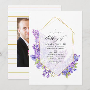 Invitación Boda Pastel Violeta y Dorado Geométrico Herbarium