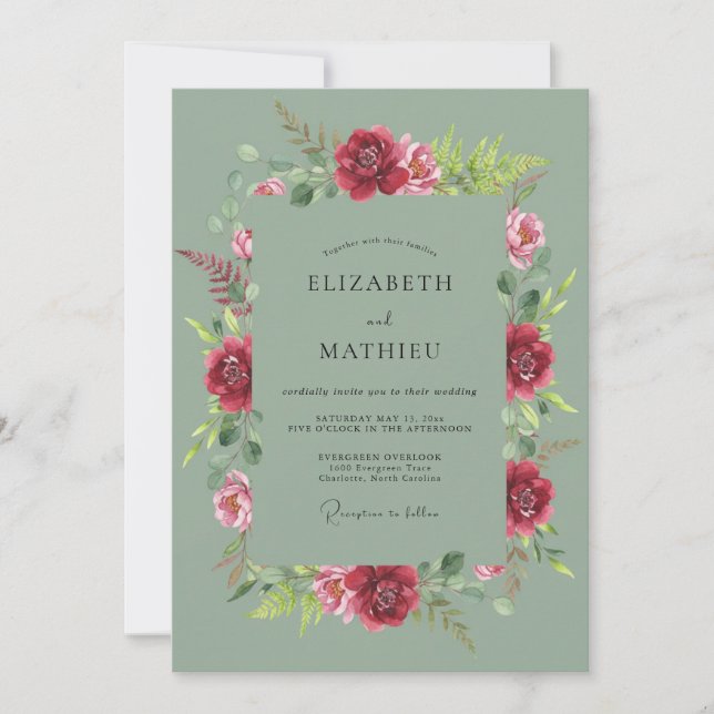 Invitación Boda Pastoral Burgundy Verde Salvia (Anverso)