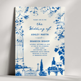 Invitación Boda pastoral caprichosa de jardín en azul francés