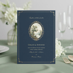 Invitación Boda Pastoral Francesa de Azul Marino y Dorado