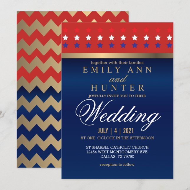 Invitación Boda Patriótico Rojo, Blanco y Azul (Anverso / Reverso)