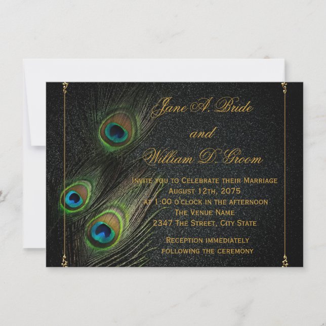 Invitación Boda Pavo Real de Oro Negro (Anverso)
