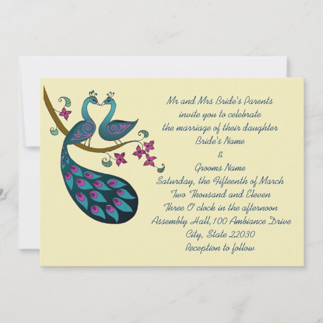 Invitación Boda pavo real, marfil (Anverso)