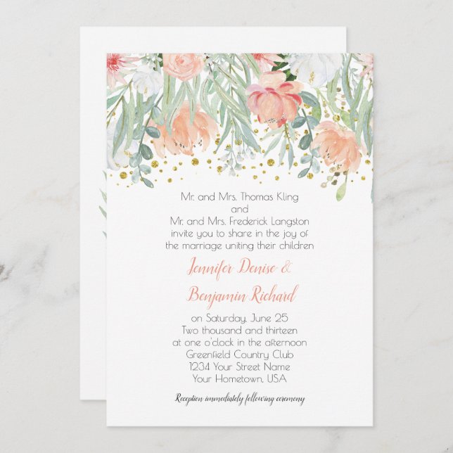 Invitación Boda Peach and Green Floral Gold Sparkles (Anverso / Reverso)