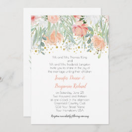 Invitación Boda Peach and Green Floral Gold Sparkles
