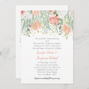 Invitación Boda Peach and Green Floral Gold Sparkles