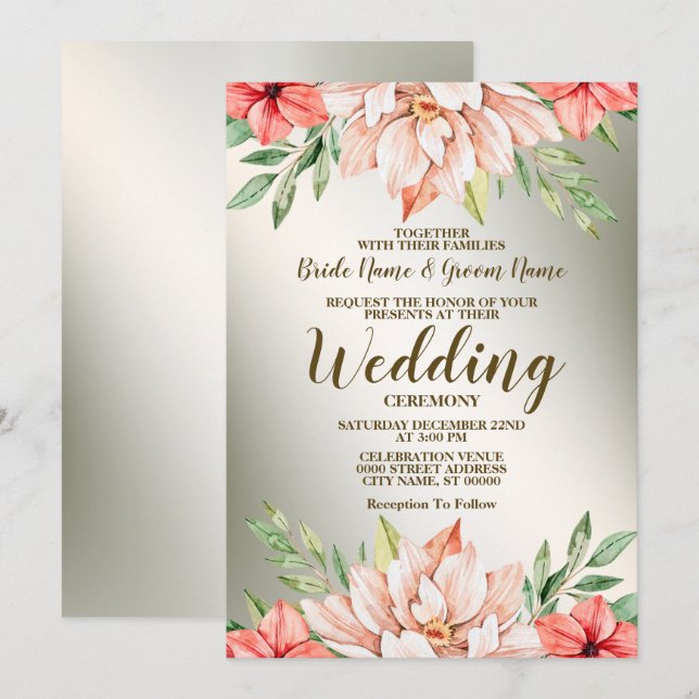 Invitación Boda Peach Naranja Floral Marco Dorado Rústico (Anverso / Reverso)