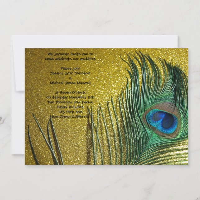 Invitación Boda Peacock amarillo dorado (Anverso)