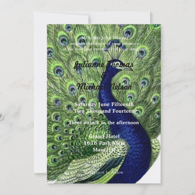 Invitación Boda Peacock de Moda azul verde (Anverso)