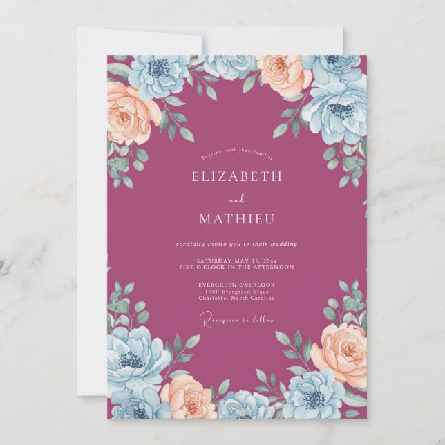 Invitación Boda Peonía Melocotón Frambuesa (Anverso)