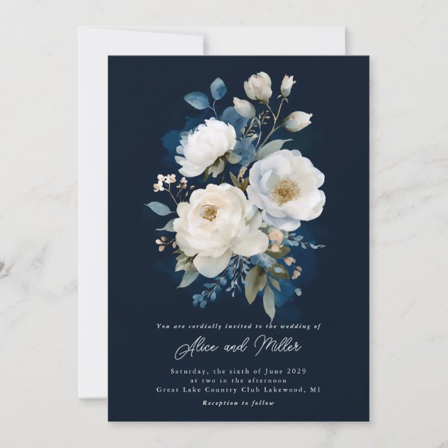 Invitación Boda Peony azul y blanco (Anverso)