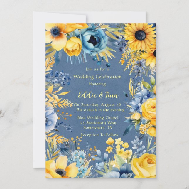 Invitación Boda peony de color amarillo azul (Anverso)