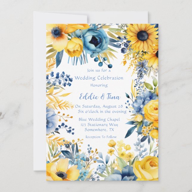 Invitación Boda peony de color amarillo azul (Anverso)