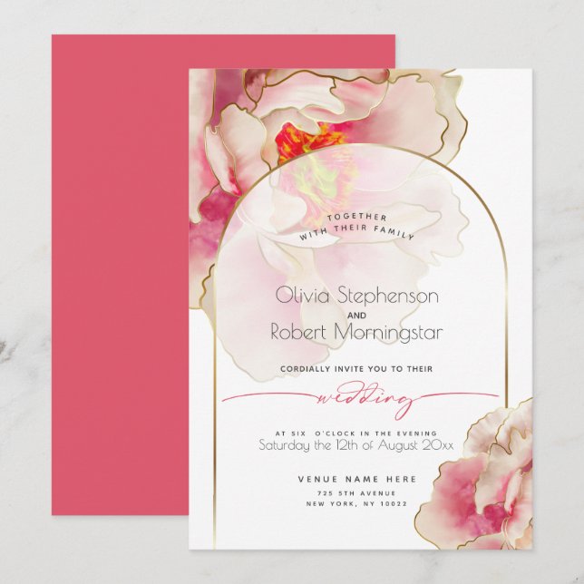 Invitación BODA | Peony Rosa de coral exótico (Anverso / Reverso)