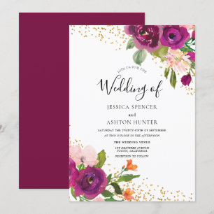 Invitación Boda perfecto: Purpurina de oro de la flor rosa de