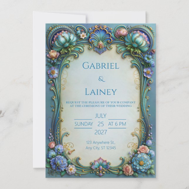 Invitación Boda Pergamino Flor de Turquesa (Anverso)