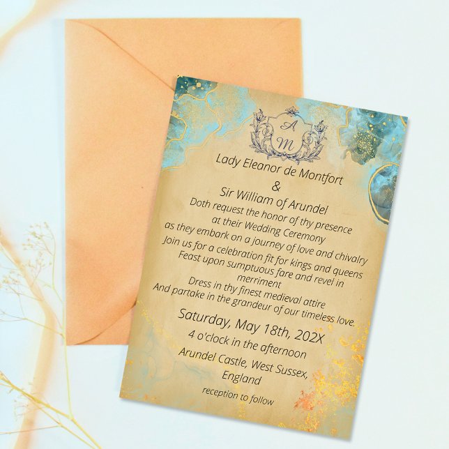 Invitación Boda Pergamino Mármol Verde Oro Medieval (Subido por el creador)