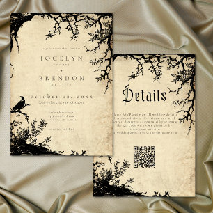 Invitación Boda Pergamino Marrón Grabado Árbol Cuervo Gótico
