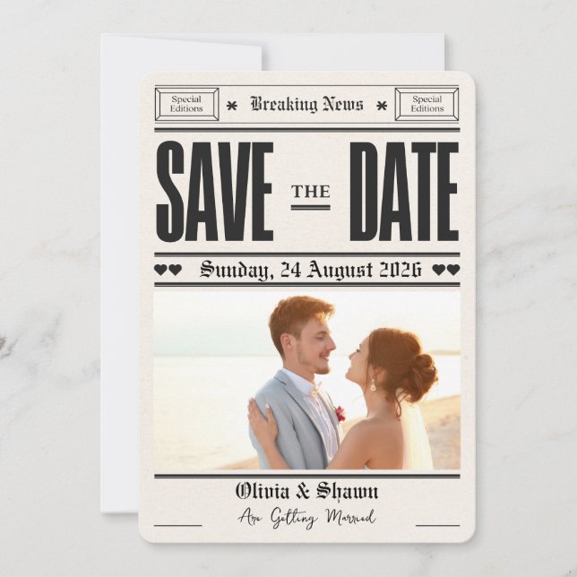 Invitación Boda periódico antiguo boda guardar fecha (Anverso)