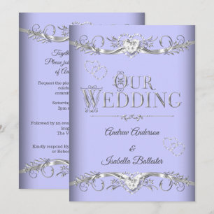 Invitación Boda Periwinkle Azul Plata Diamante Corazones