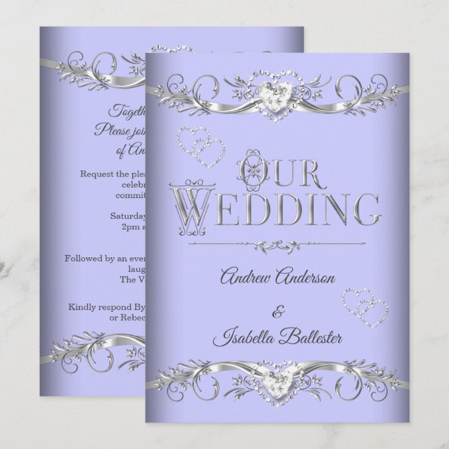 Invitación Boda Periwinkle Blue Silver Diamond Hearts (Anverso / Reverso)