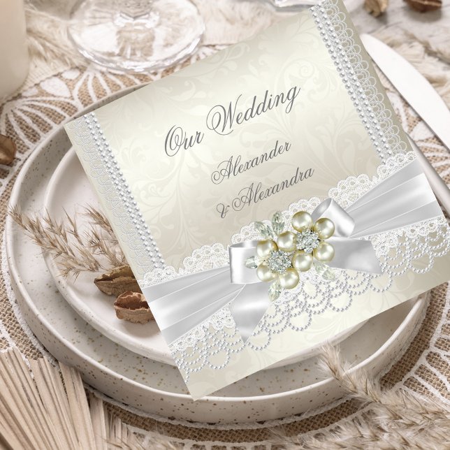 Invitación Boda Perla Blanca Encaje Damask Diamante (Subido por el creador)