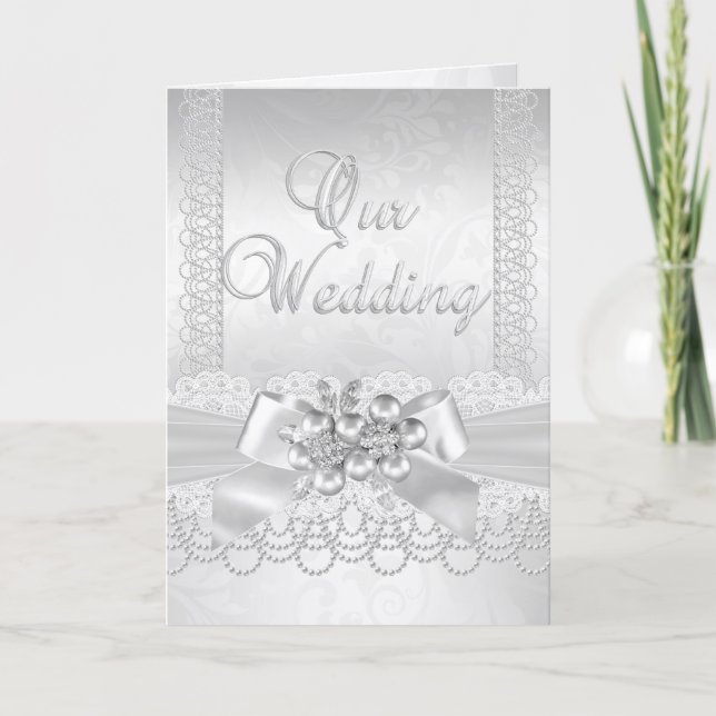 Invitación Boda Perla Blanca Encaje Damask Diamante (Anverso)