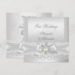 Invitación Boda Perla Blanca Encaje Damask Diamante Plata