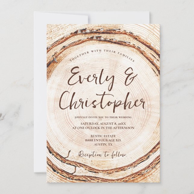 Invitación Boda personalizable de corte de madera rústica (Anverso)