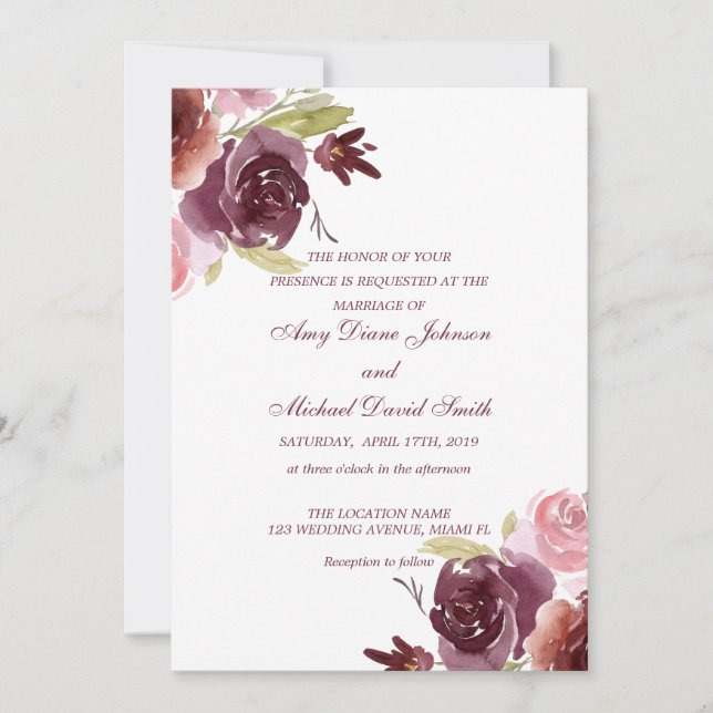 Invitación Boda Personalizada de Arándano y Salvia Verde (Anverso)