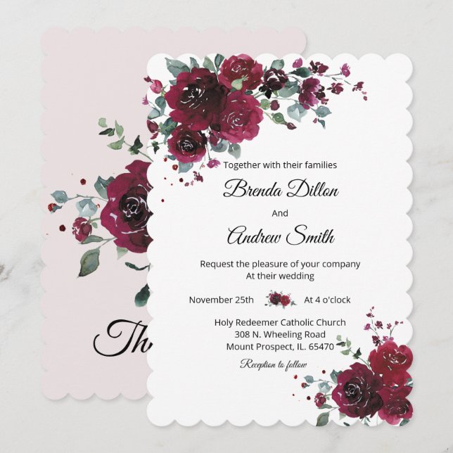 Invitación Boda personalizada de burgundy y negro (Anverso / Reverso)