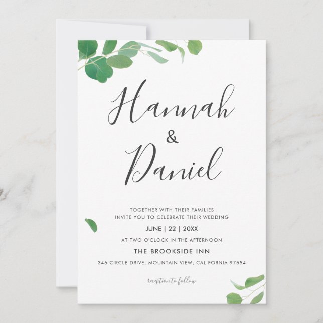 Invitación Boda personalizada de hojas verdes minimalistas mo (Anverso)