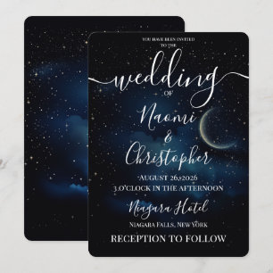 Invitación Boda Personalizada de Luna y Cielo Nocturno Azul