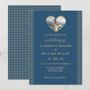 Invitación Boda personalizada de lunares dorados y azules
