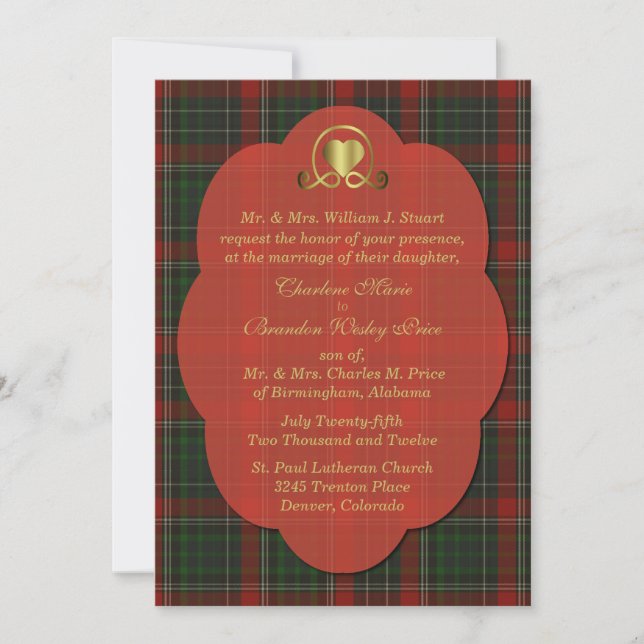 Invitación Boda personalizada de Stuart Tartán rojo y verde (Anverso)