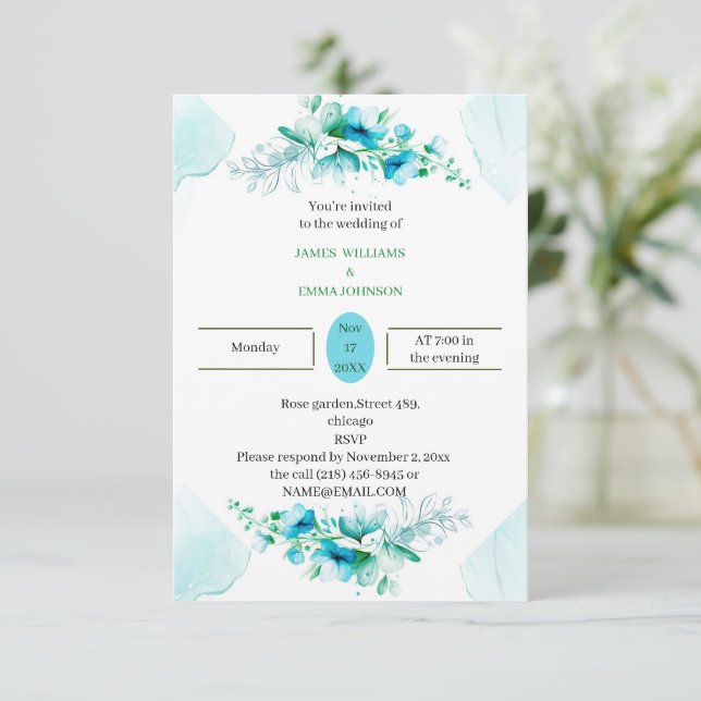 Invitación Boda personalizada Flor azul elegante (Anverso de pie)