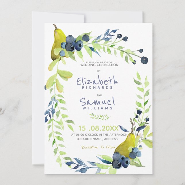 Invitación Boda personalizada floral rústica de peras y bayas (Anverso)