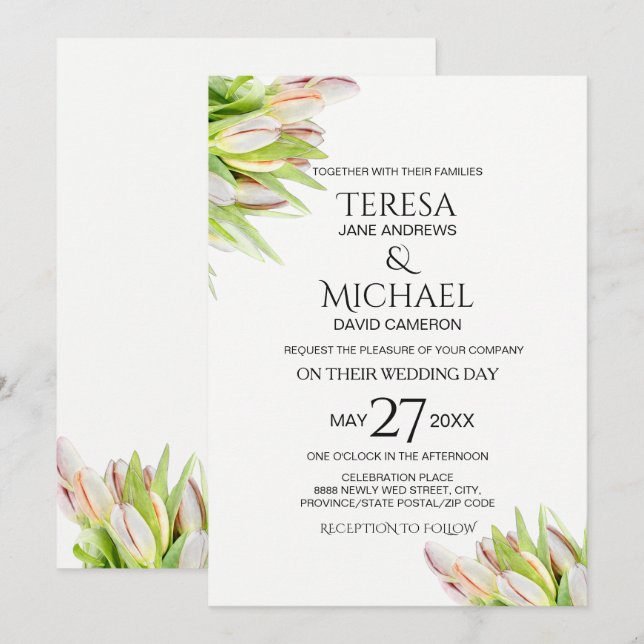 Invitación Boda personalizada, pintura de tulipanes rosa y ve (Anverso / Reverso)