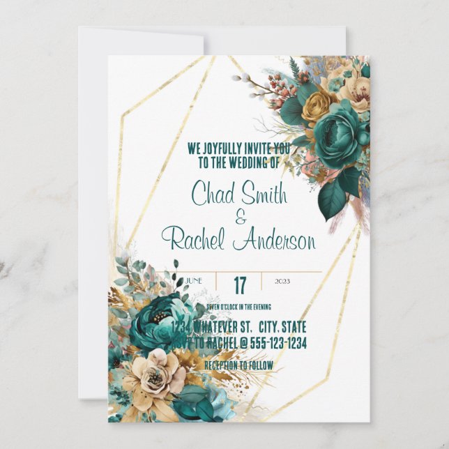 Invitación Boda personalizada verde azulada y dorada (Anverso)