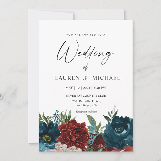 Invitación Boda personalizado de Flores Rojas Púrpura Blanca (Anverso)
