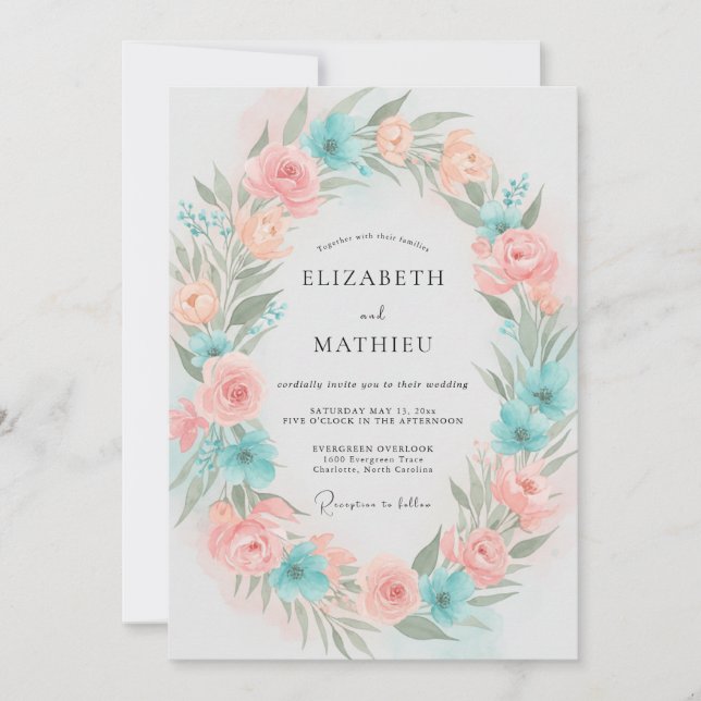 Invitación Boda Petal de Coral Acuático (Anverso)