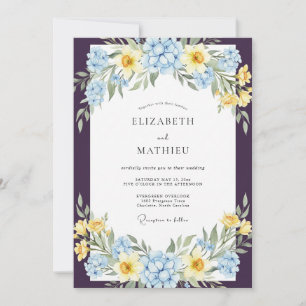 Invitación Boda Pétalo Amarillo Azul Berenjena