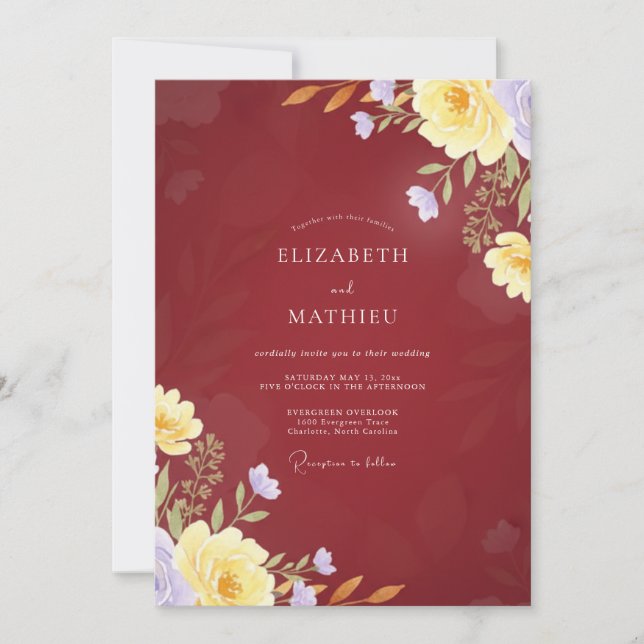 Invitación Boda Pétalo Amarillo Granate (Anverso)