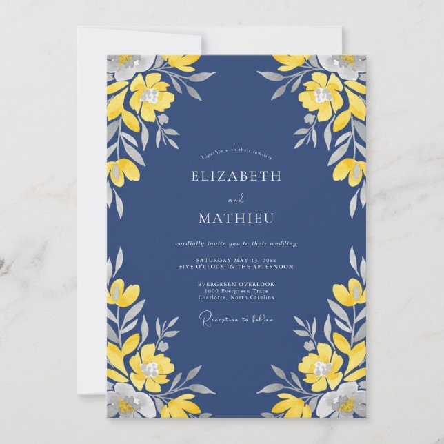 Invitación Boda Pétalo Amarillo Índigo (Anverso)