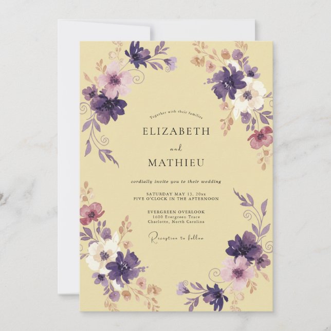 Invitación Boda Pétalo Amarillo Pálido Ciruela (Anverso)