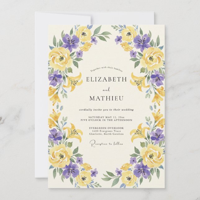 Invitación Boda Pétalo Amarillo Púrpura (Anverso)
