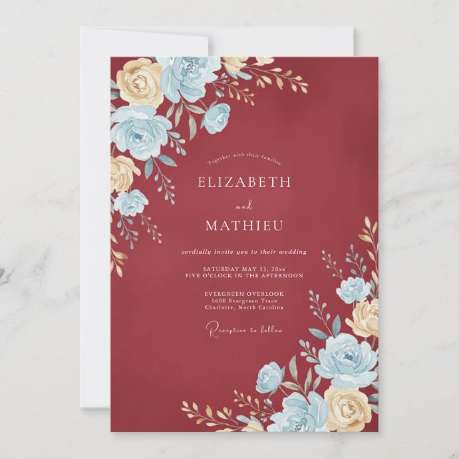 Invitación Boda Pétalo Azul Carmesí (Anverso)