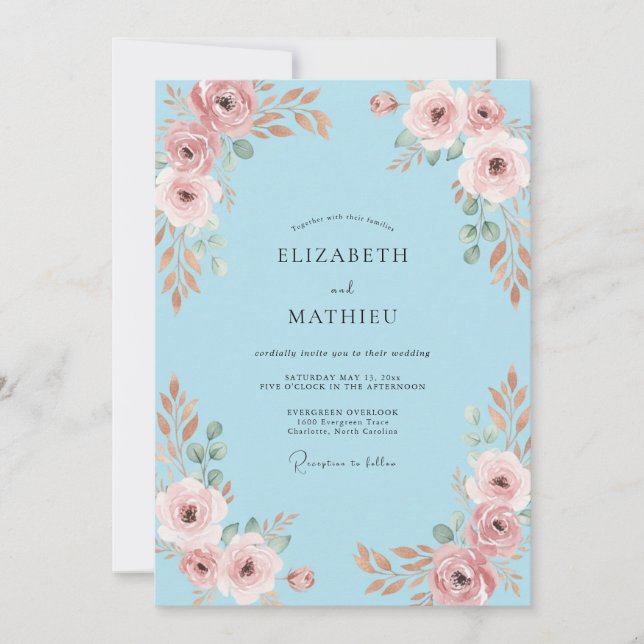 Invitación Boda Pétalo Azul Cielo Rubor (Anverso)