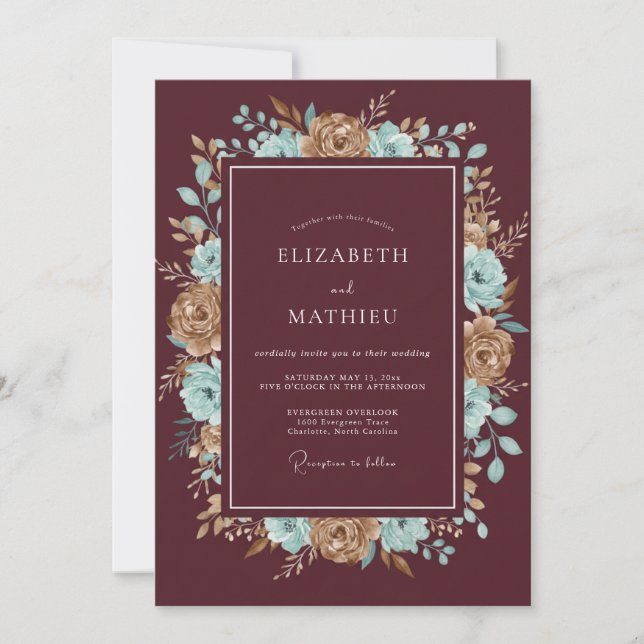 Invitación Boda Pétalo Bronce Granate (Anverso)
