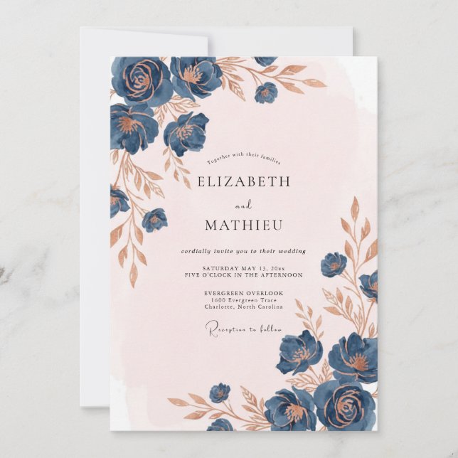 Invitación Boda Pétalo Bronce Índigo (Anverso)